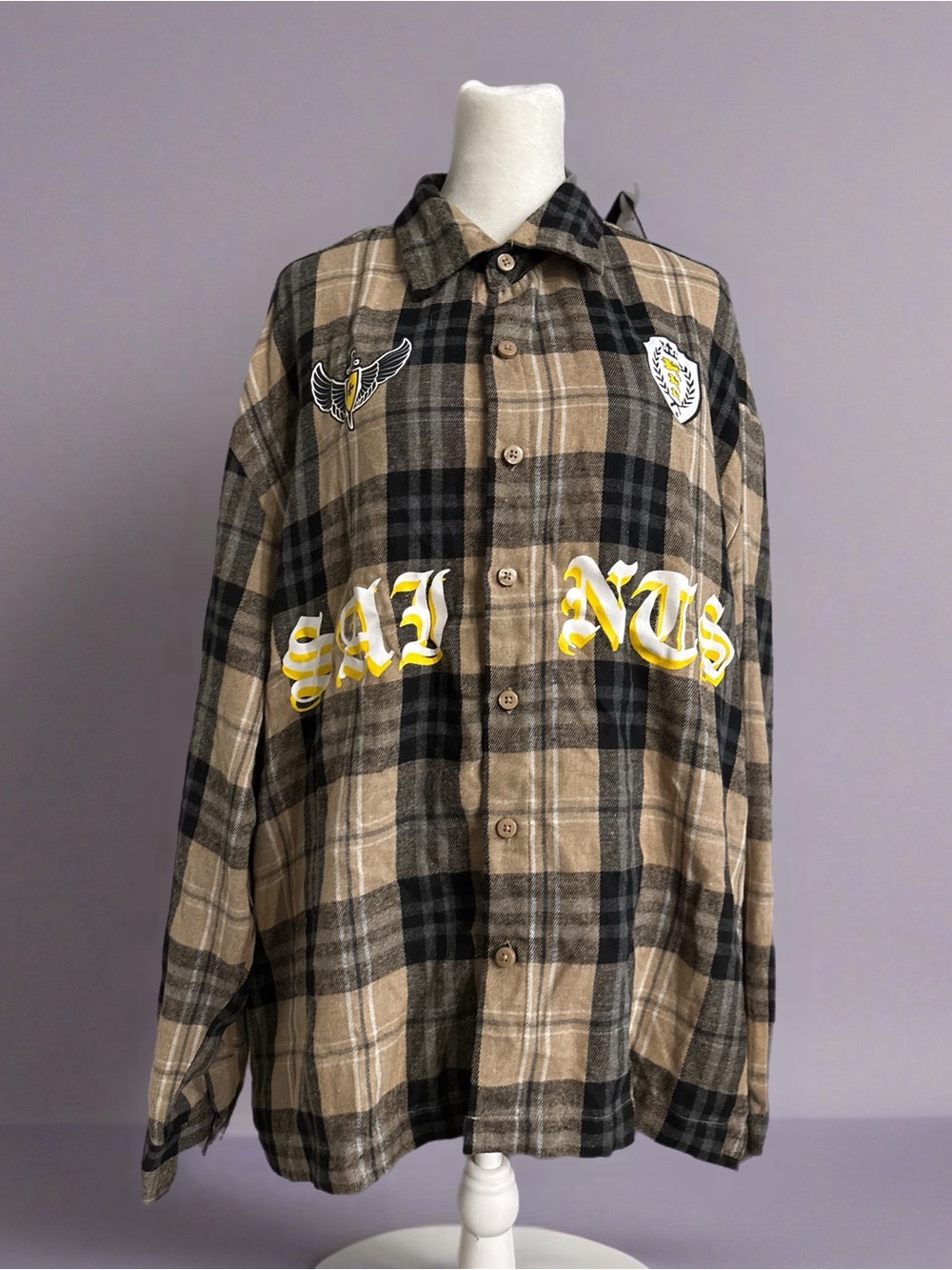 Plaid Lightweight Shirt Jacket in Beige and Black with Yellow Patch Accents